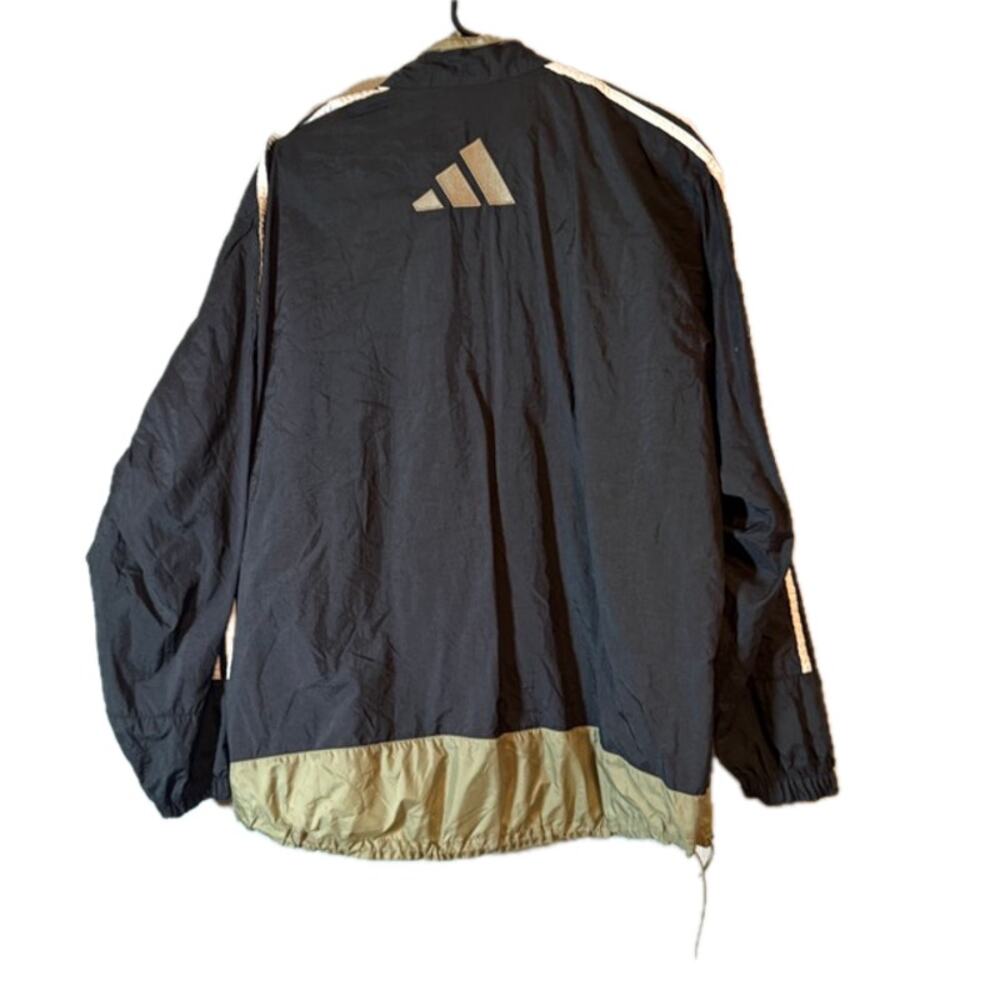 Adidas XL Vintage Gold Black Nylon Windbreaker Jacket White Stripes Zip - Picture 2 of 7